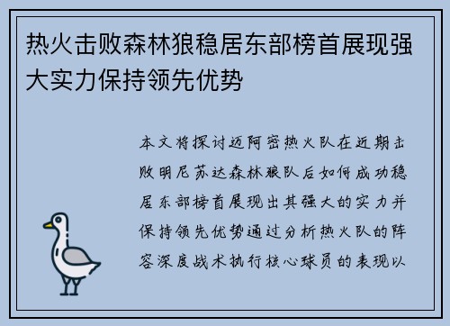 热火击败森林狼稳居东部榜首展现强大实力保持领先优势