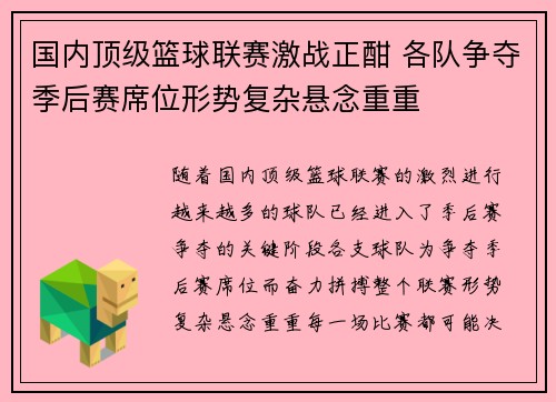 国内顶级篮球联赛激战正酣 各队争夺季后赛席位形势复杂悬念重重