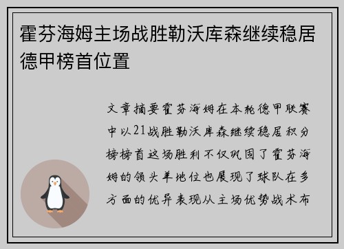 霍芬海姆主场战胜勒沃库森继续稳居德甲榜首位置