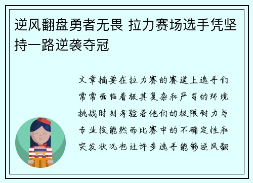 逆风翻盘勇者无畏 拉力赛场选手凭坚持一路逆袭夺冠