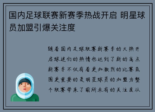 国内足球联赛新赛季热战开启 明星球员加盟引爆关注度