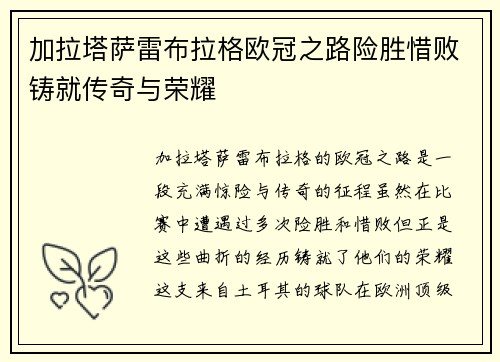 加拉塔萨雷布拉格欧冠之路险胜惜败铸就传奇与荣耀
