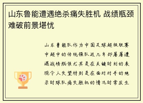 山东鲁能遭遇绝杀痛失胜机 战绩瓶颈难破前景堪忧