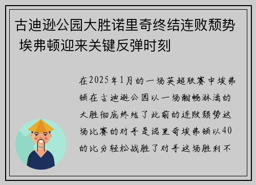 古迪逊公园大胜诺里奇终结连败颓势 埃弗顿迎来关键反弹时刻