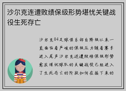 沙尔克连遭败绩保级形势堪忧关键战役生死存亡