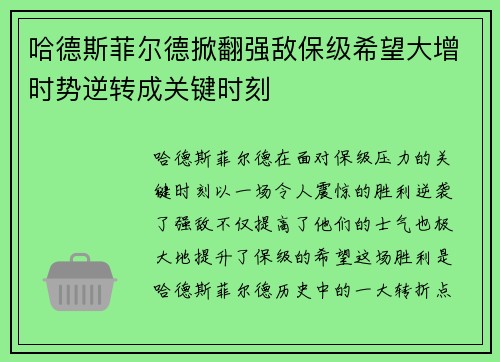 哈德斯菲尔德掀翻强敌保级希望大增时势逆转成关键时刻